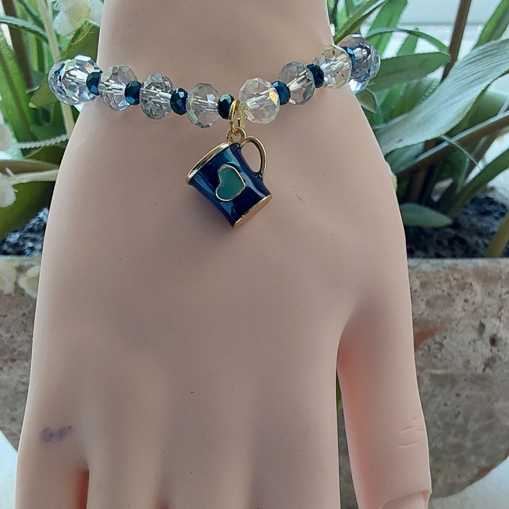 Blue and Silver Beaded Bracelet with Charm - Picture 3 of 6